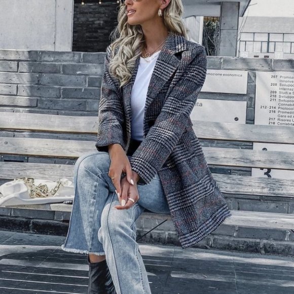 Chic Classy plaid button down Overcoat Jacket Shacket Coat black - Picture 5 of 8